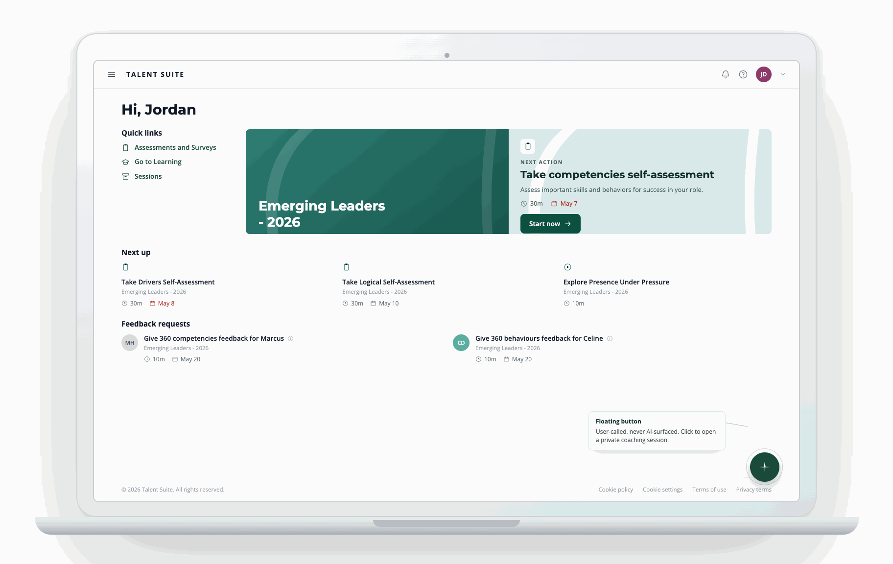Talent Suite homepage with an unobtrusive floating Compass button in the bottom-right corner