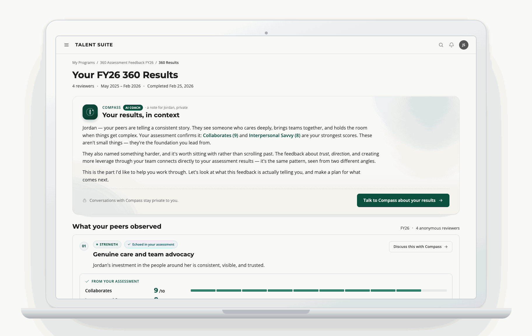 360 feedback results dashboard with a Compass AI coach narrative card reading peer feedback in context alongside the assessment scores
