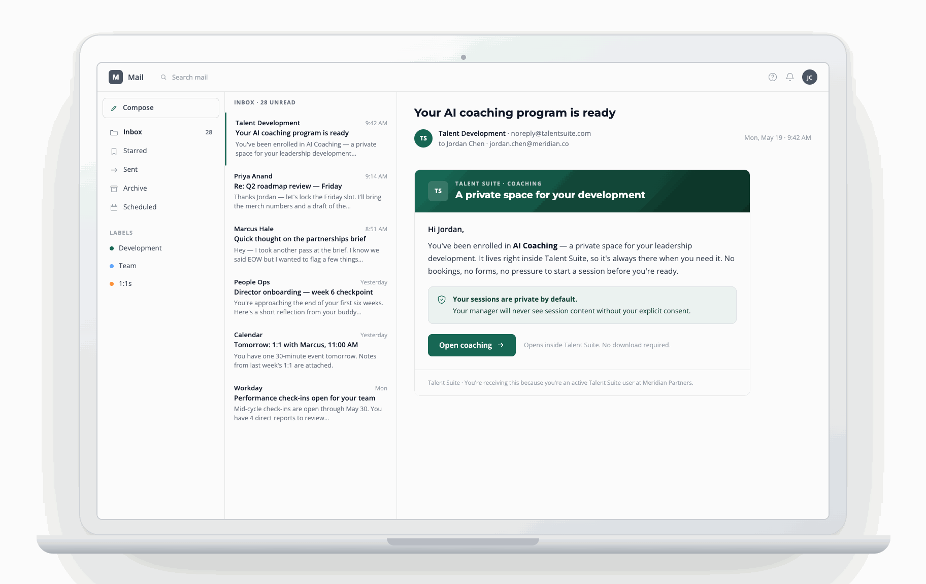 Entry email introducing an always-available AI coach living inside the Talent Suite, with no program or schedule attached