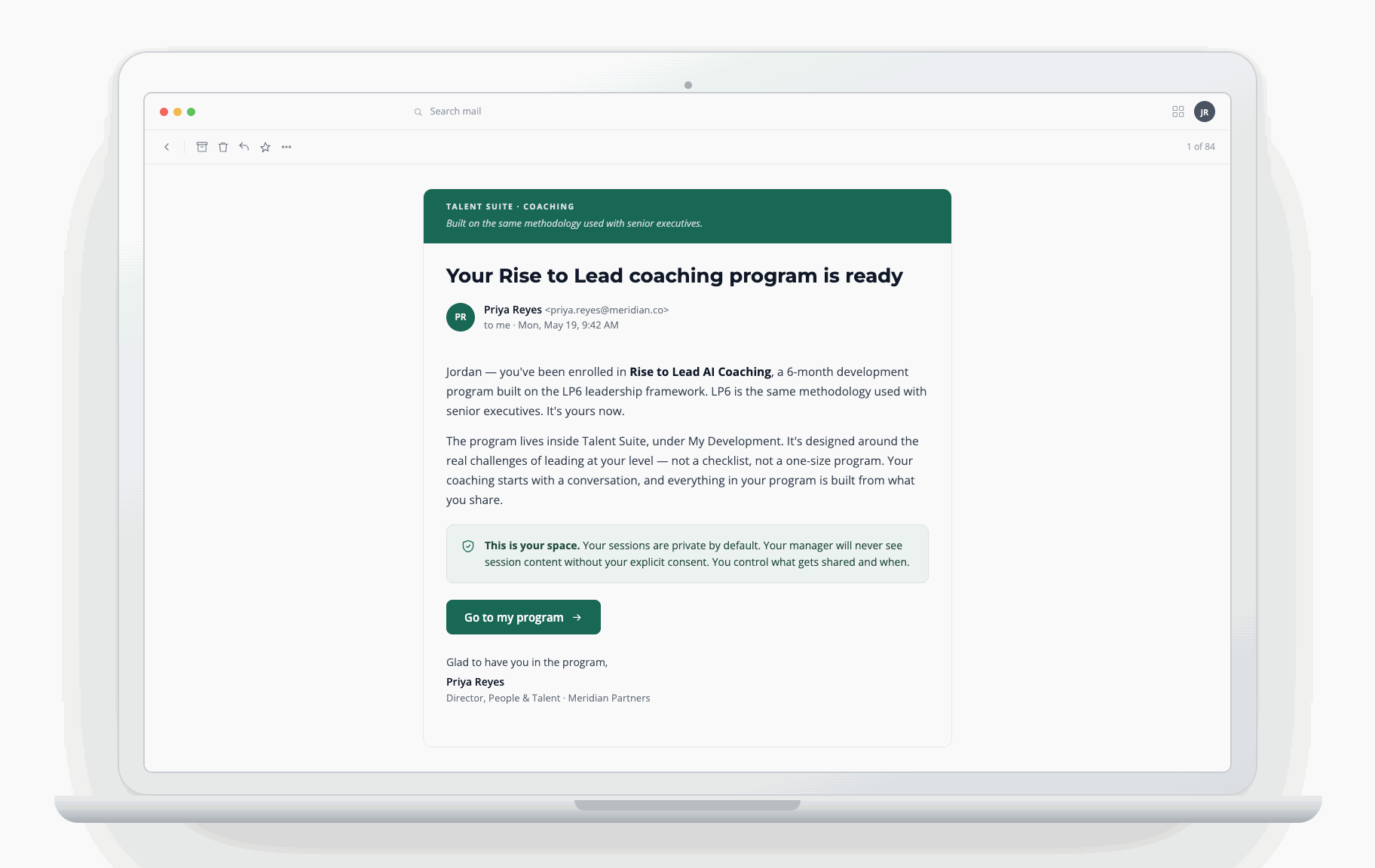Entry email introducing Rise to Lead AI Coaching, a named six-month development program, sent from a real person at the company