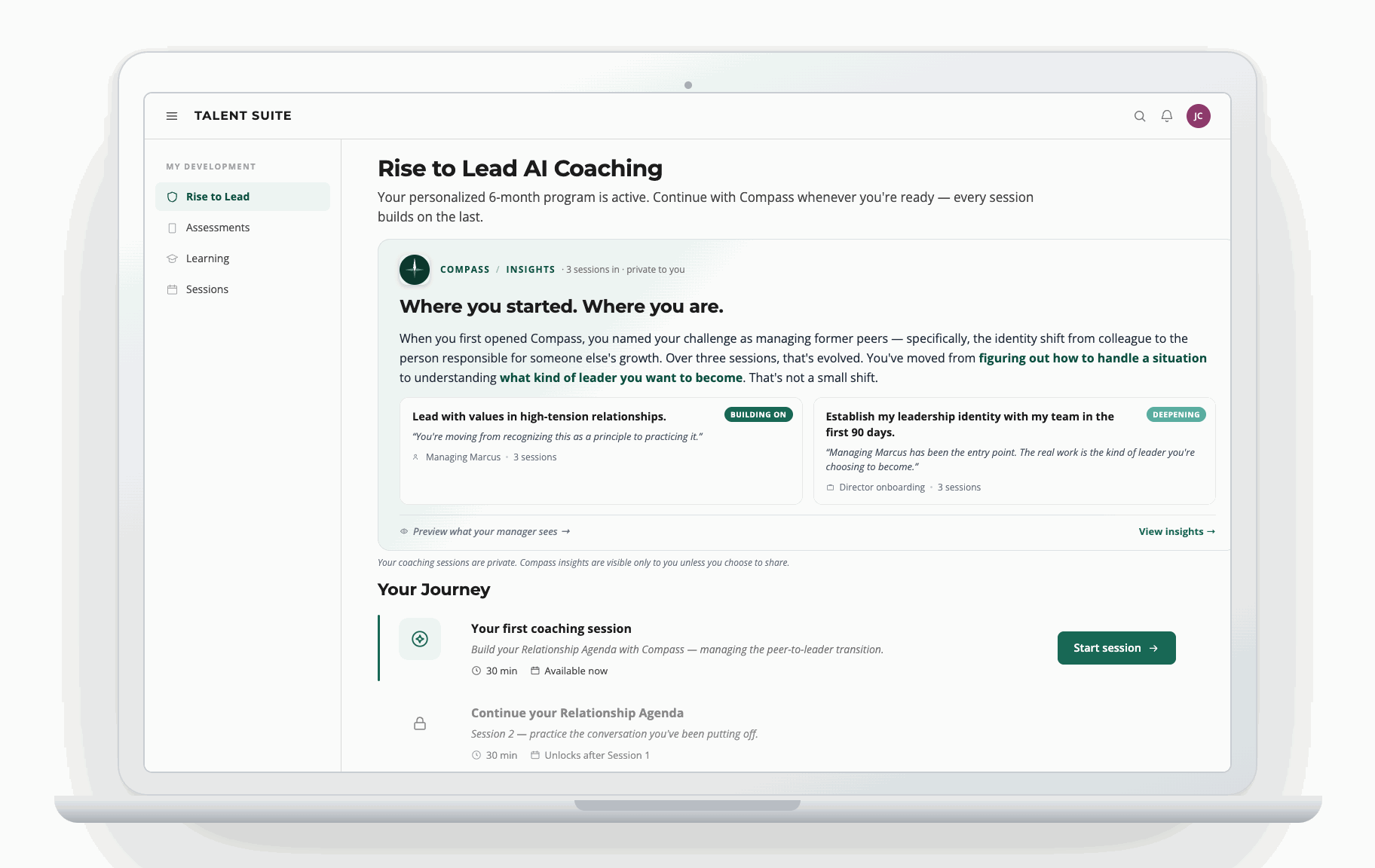Rise to Lead program page with a hero card narrating how the coachee's framing of the problem has shifted across sessions