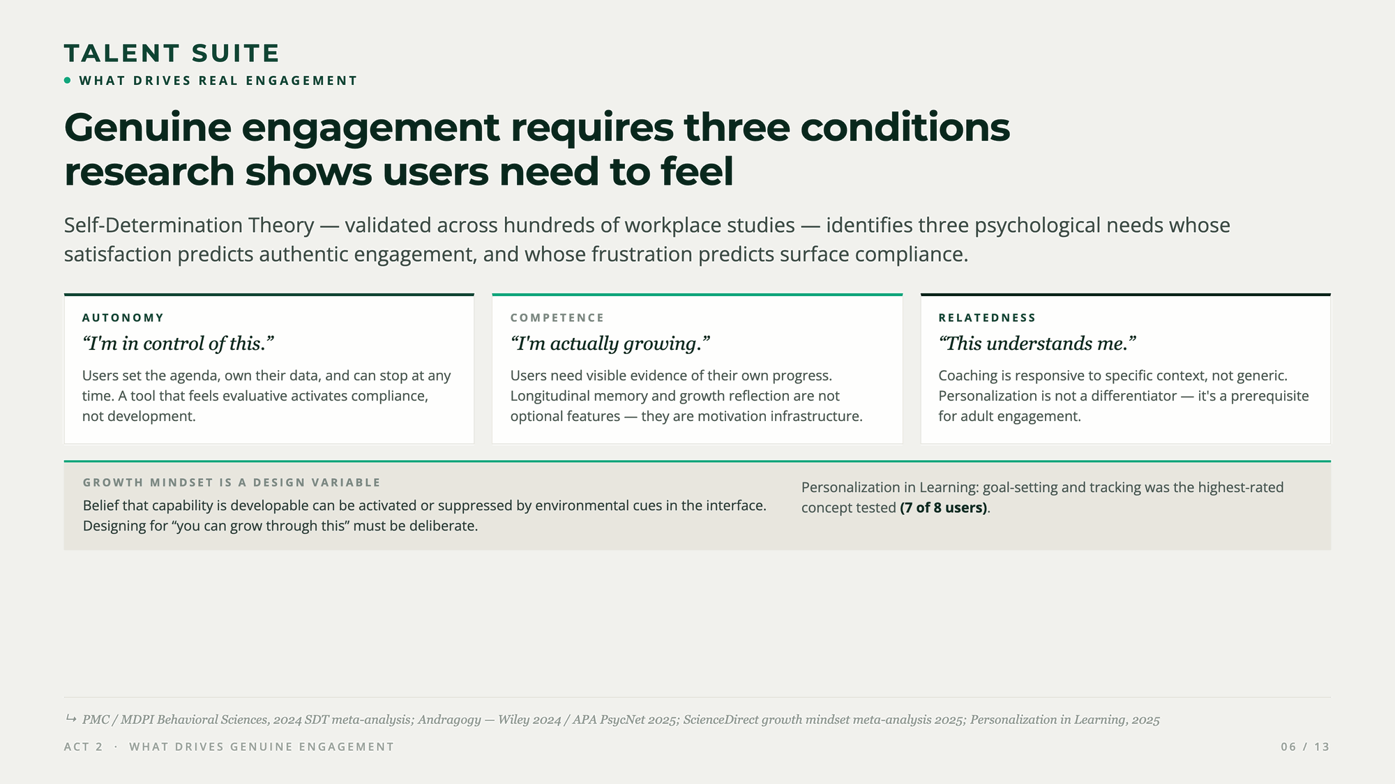 Research readout slide on the three psychological conditions — autonomy, competence, and relatedness — that predict genuine engagement