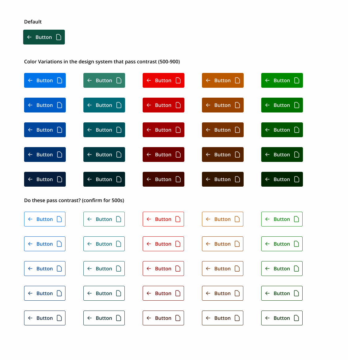 Grid of button color variations tested against WCAG contrast requirements at 500 through 900 weights