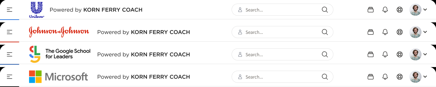 Product navigation bar shown themed for Unilever, Johnson & Johnson, The Google School for Leaders, and Microsoft