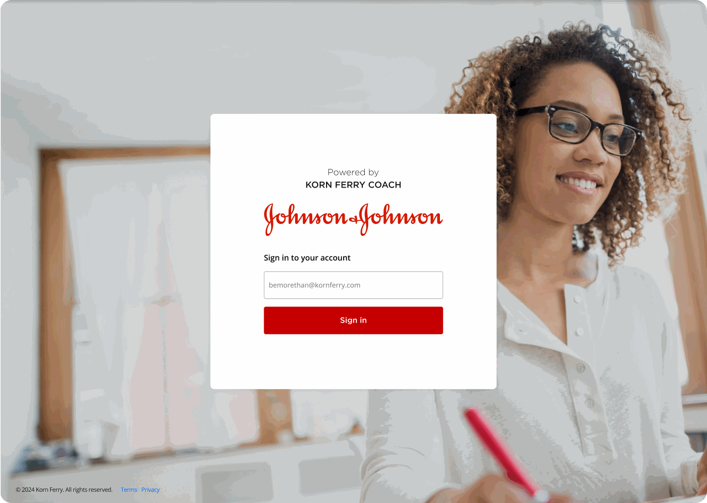 White-labeled sign-in screen themed for Johnson & Johnson