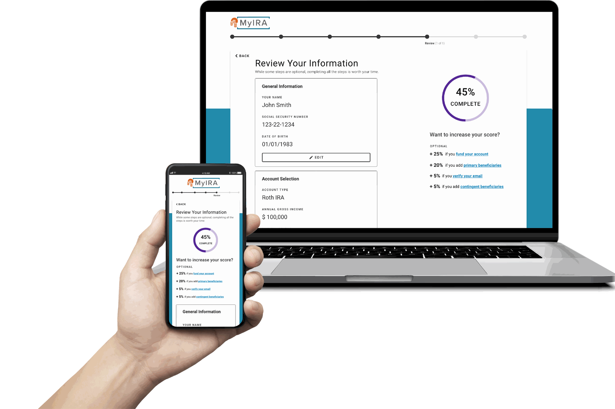 Enrollment process screens showing completion score and progress bar