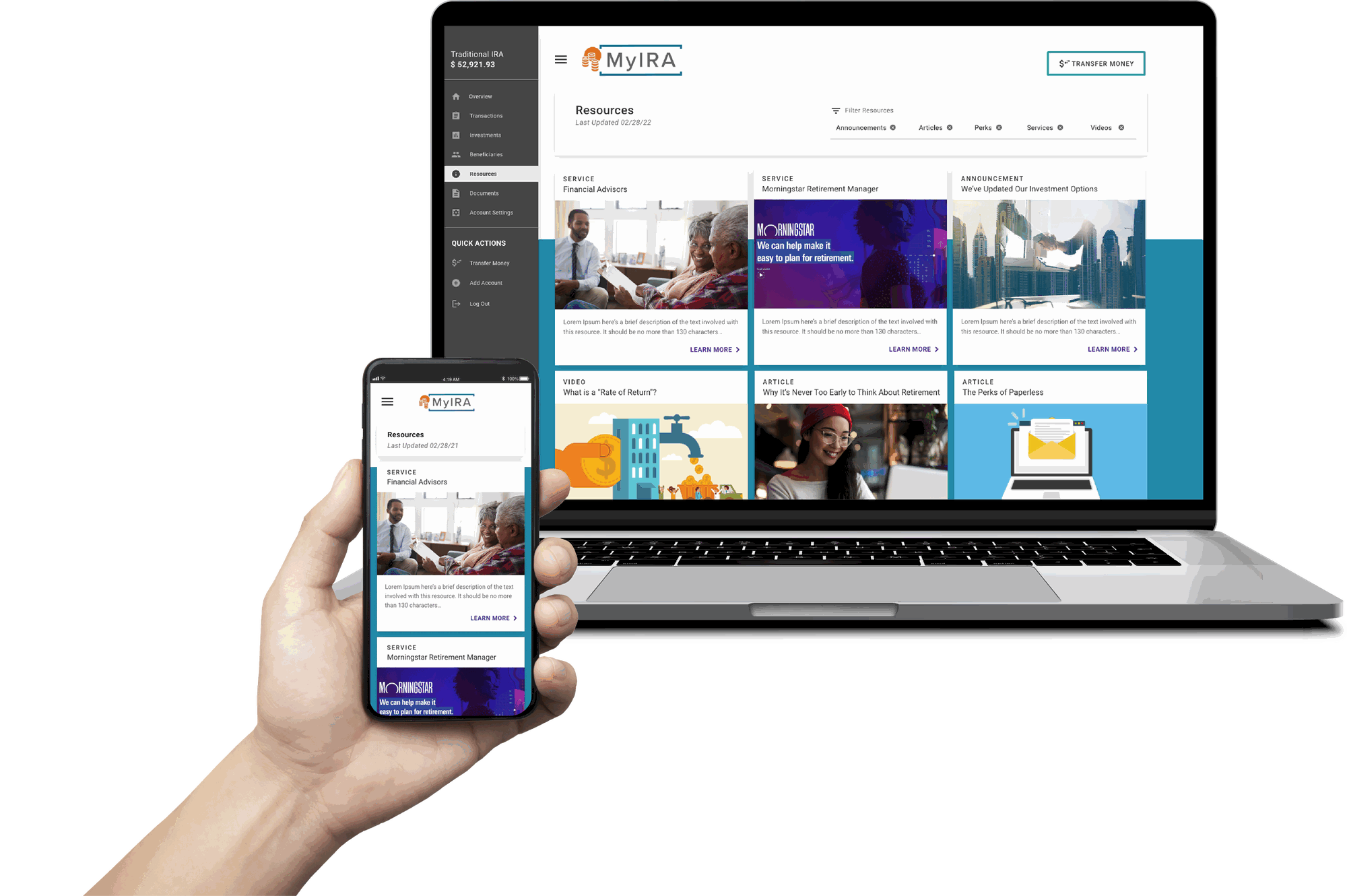 Resources tab showing financial literacy content