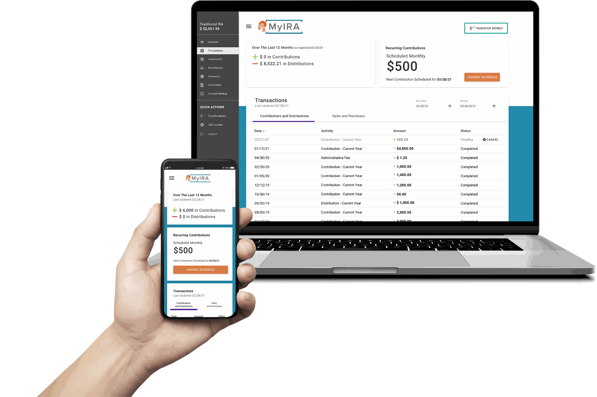 Transactions screen with separated tabs