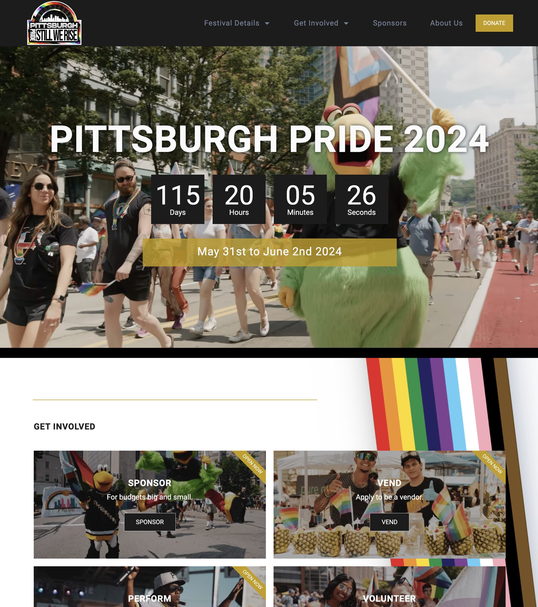 Redesigned Pittsburgh Pride homepage with video background