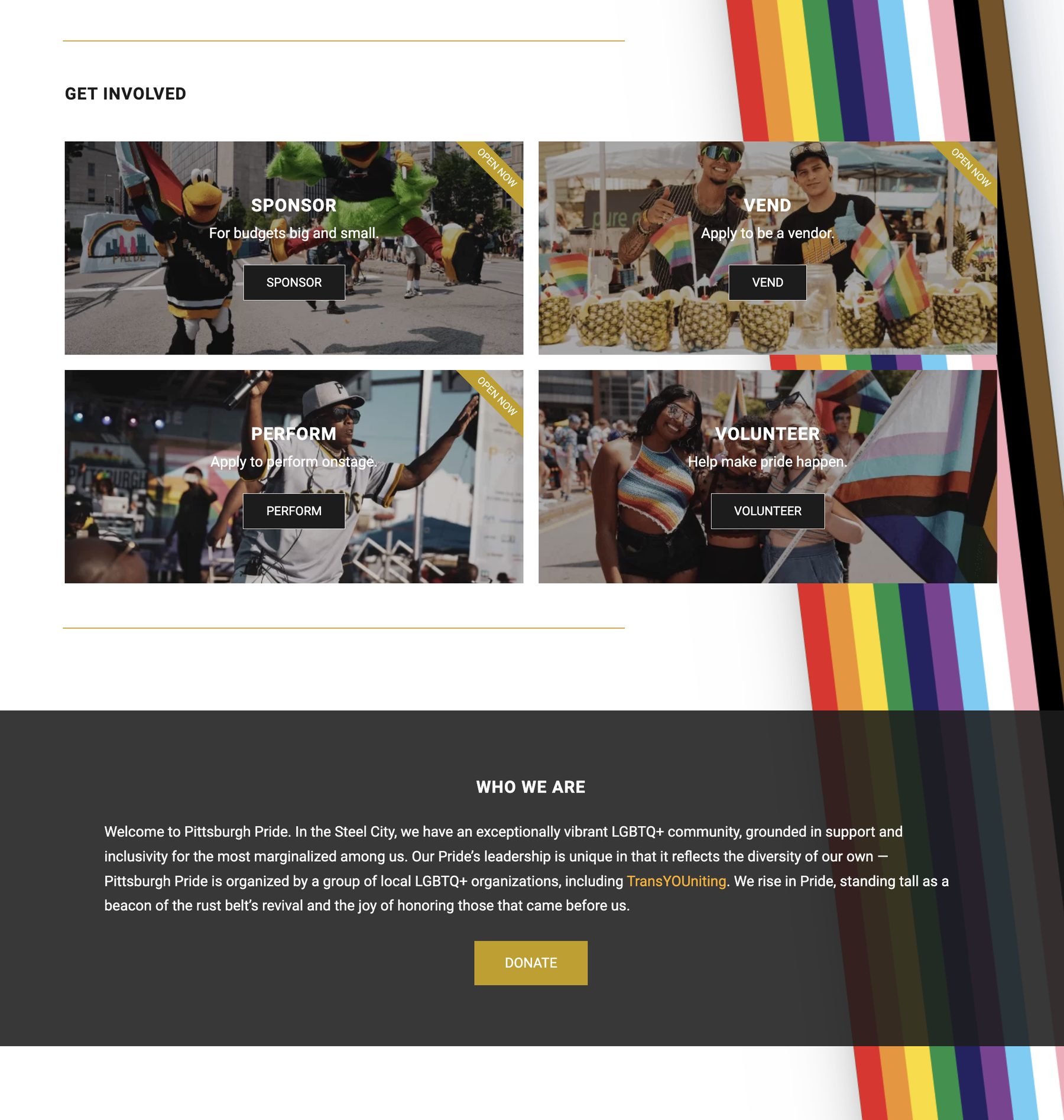 Redesigned Pittsburgh Pride homepage action items