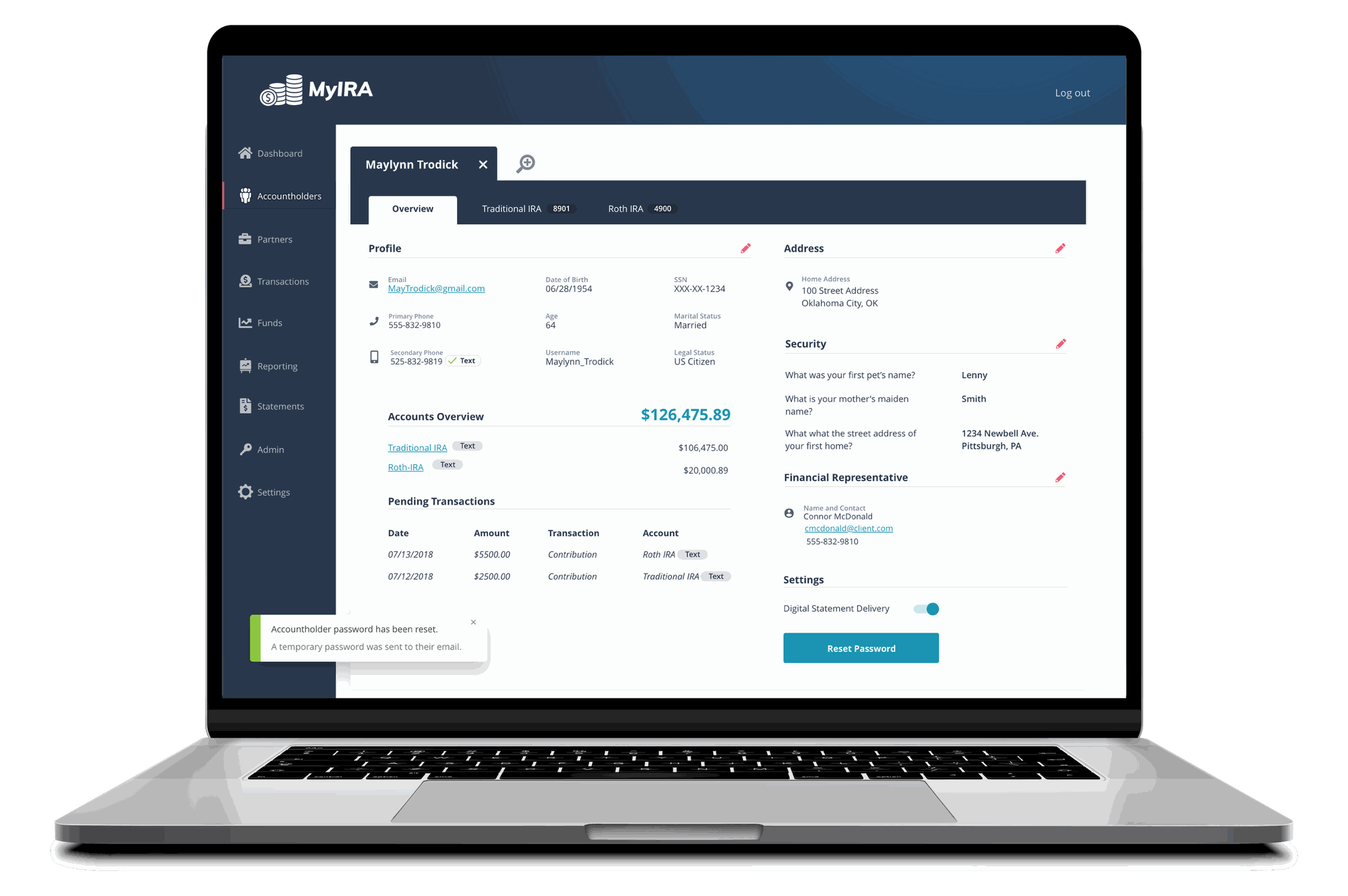 Accountholder profile screen with account details