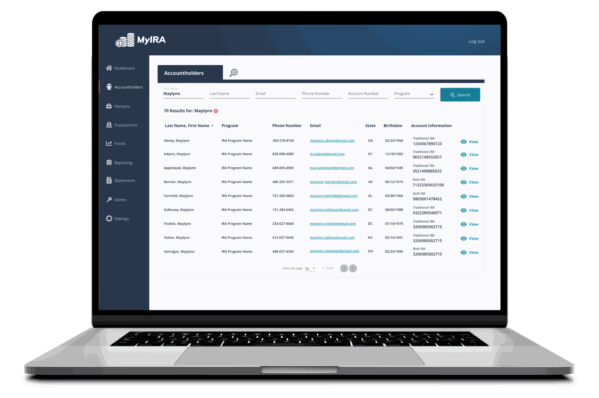 Accountholder search results view