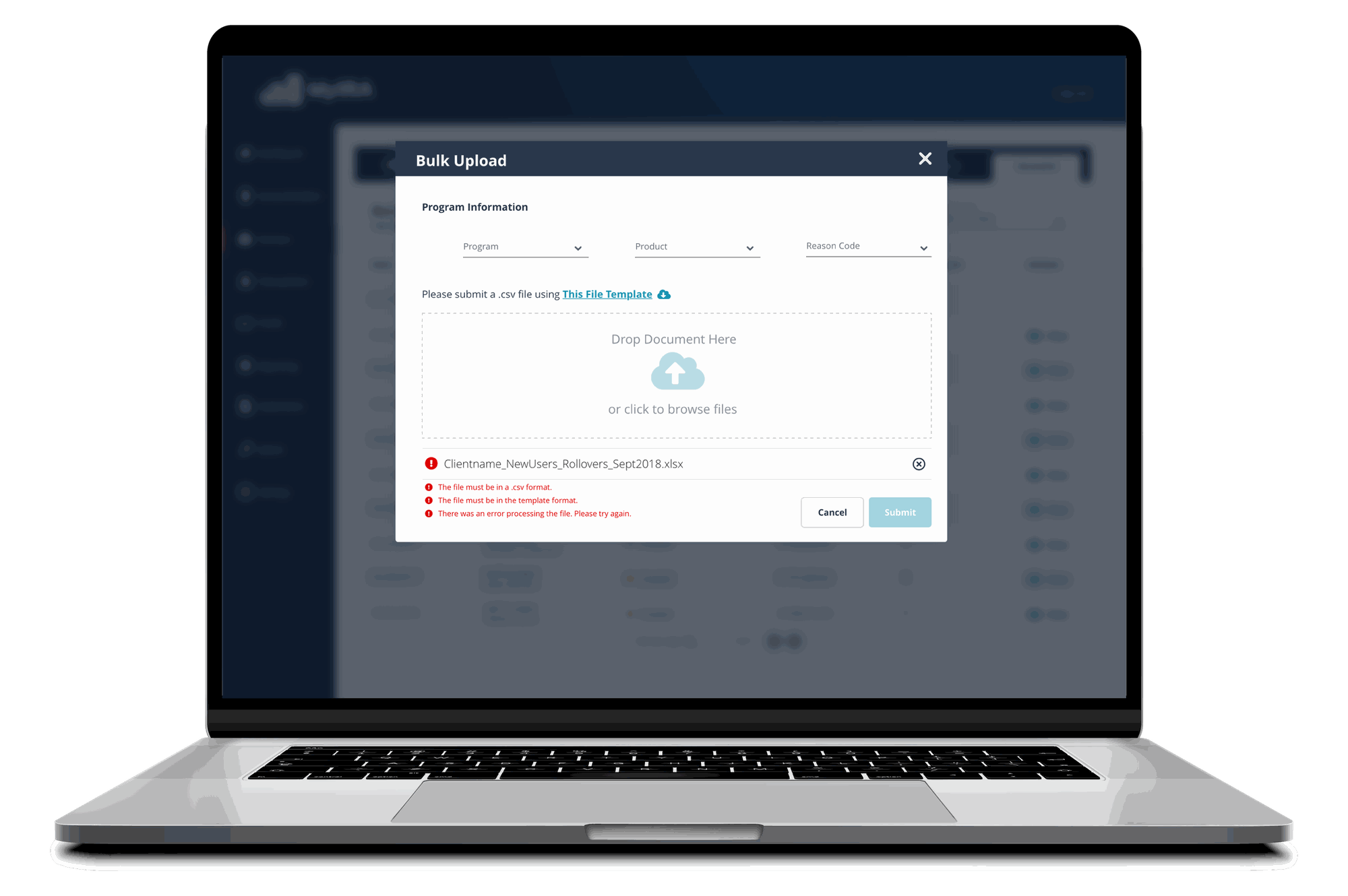 File upload modal for bulk account creation via CSV