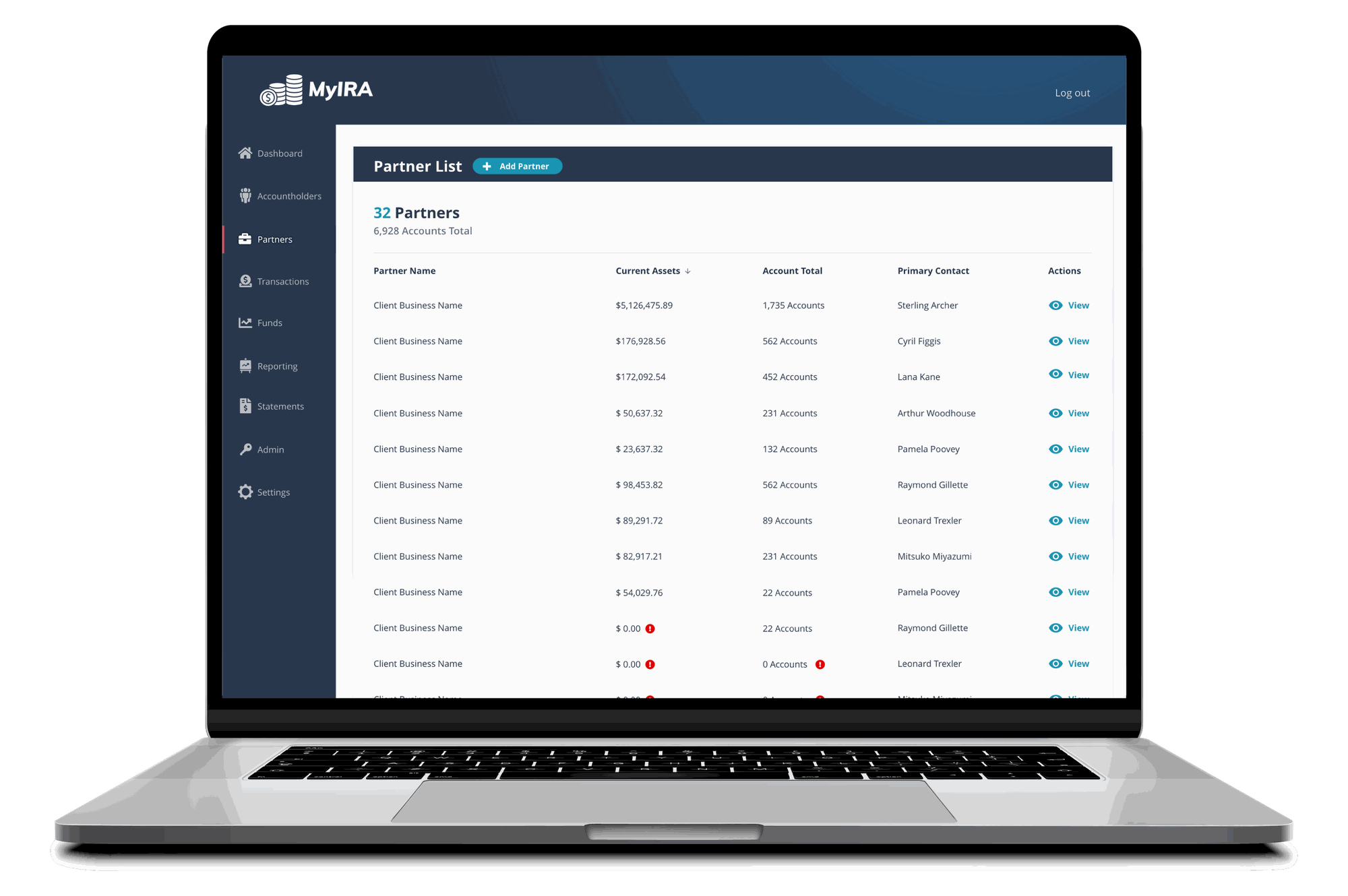 Partner list showing all client businesses