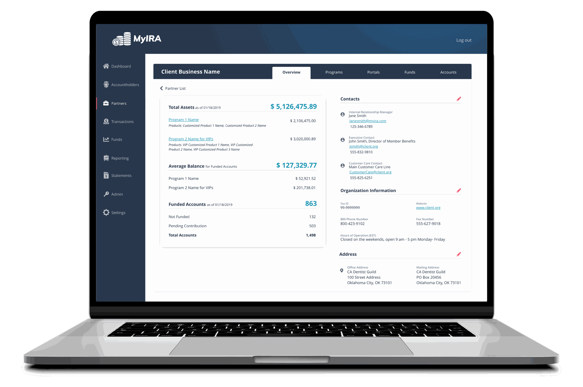 Partner profile screen with analytics and contacts